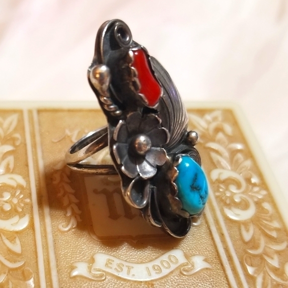 Navajo SIGNED JR RALPH JOHNSON Coral Turquoise Sterling Ring - Picture 6 of 8